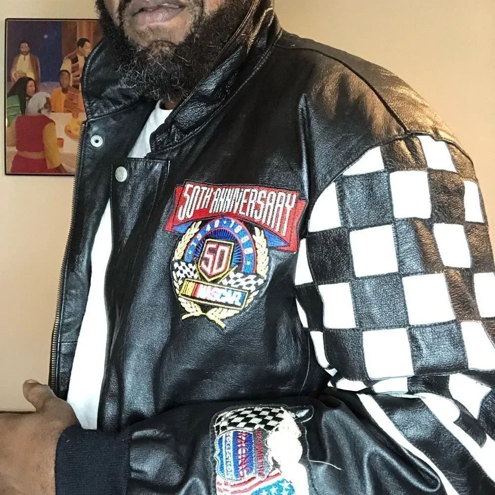 Vintage nascar leather racing jacket Jeff Hamilton checkered flag